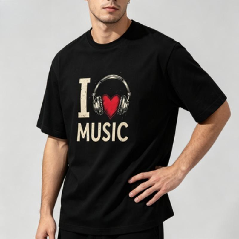 Retro Headphone Heart Graphic Tee For Unisex I Love Music Distressed Font 100 Cotton Soft Oneck Daily Casual Shirts