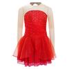 Girls Figure Skating Dress Glittery Rhinestones Sheer Mesh Long Sleeves Cutout Back Lyrical Performance Gown