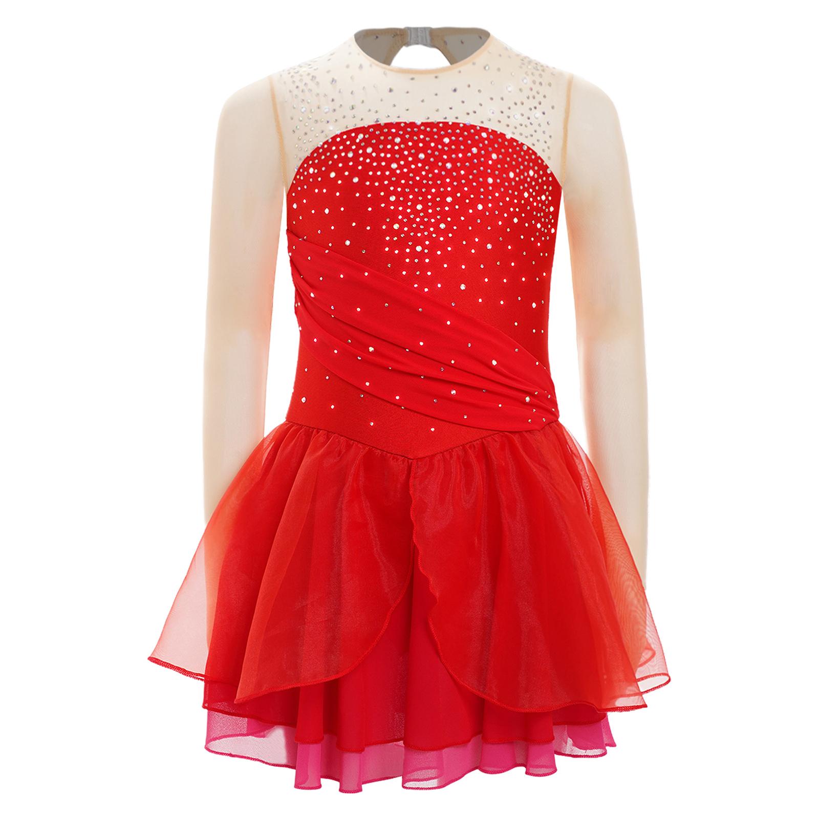 

Girls Figure Skating Dress Glittery Rhinestones Sheer Mesh Long Sleeves Cutout Back Lyrical Performance Gown 5-6 Years червоний