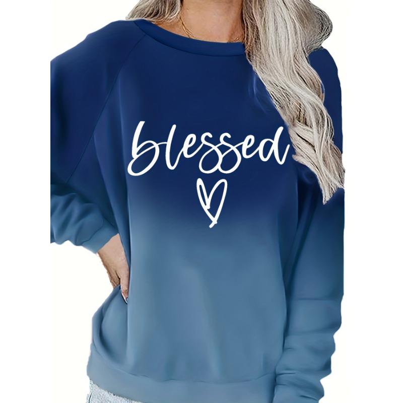 Plus Size Spring Casual Sweatshirt, Women's Ombre & Letter & Heart Print Raglan Sleeve Round Neck Slight Stretch Pullover Top