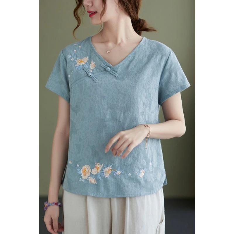 Womens Floral Embroidered V-Neck Linen Blend Short Sleeve Blouse M синий