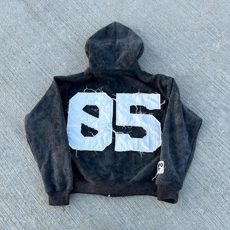 Europäischer und amerikanischer Y2K-Retro-Straßentrend mit Farbblockierung und Patch-Stickerei, lockerer Reißverschluss und Kapuzenpullover für Herren und Damen