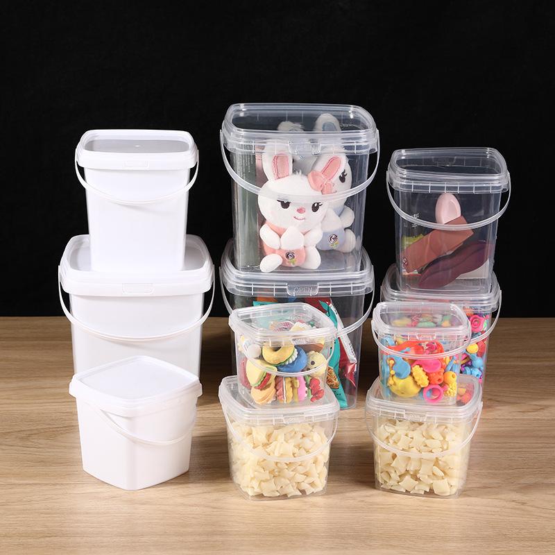 Thickened Portable Food Grade Pp Transparent Plastic Drum With Lid Milk Tea Fruit Bucket Sealing Glue, Square Bucket Batch