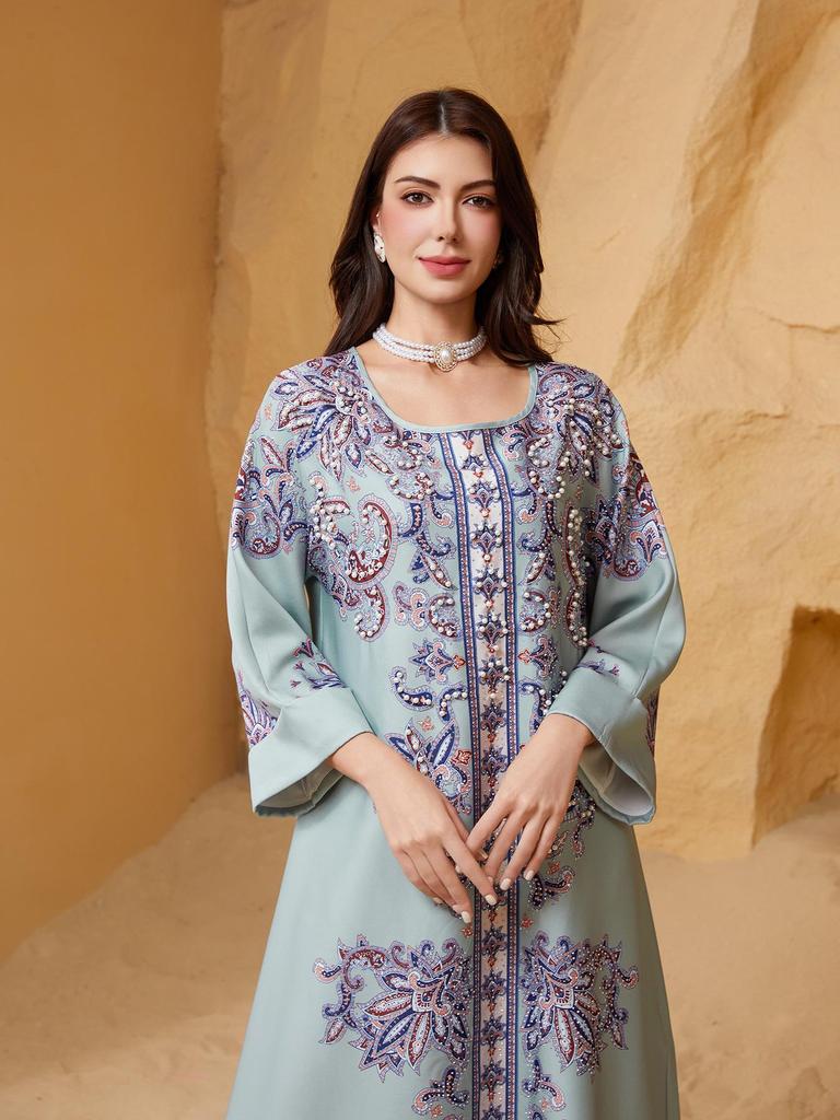 High-Density Beaded Print Muslim Abaya Dress