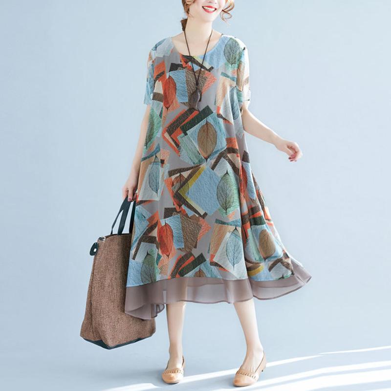 Damenbekleidung Chiffonkleid Große Größe Locker Rundhals Kurzarm Druck Mittellang