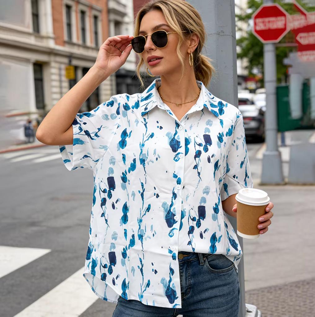Women's Blue Watercolor Print Short Sleeve Button Down Shirt, Casual Loose Blouse for Summer, Breathable Cotton Top for Vacation, Streetwear