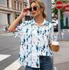 Women's Blue Watercolor Print Short Sleeve Button Down Shirt, Casual Loose Blouse for Summer, Breathable Cotton Top for Vacation, Streetwear