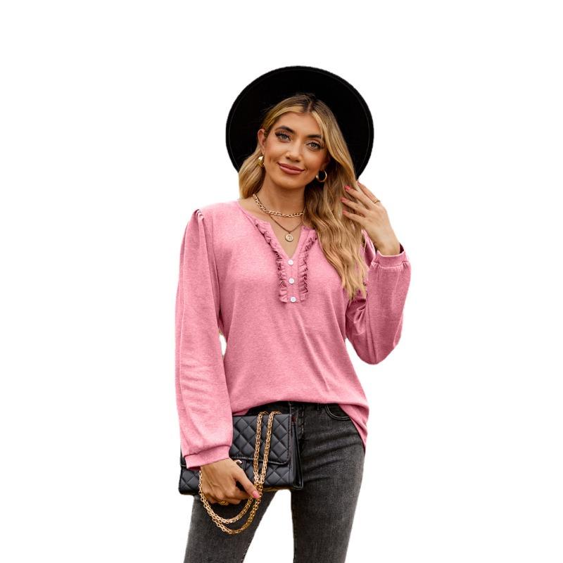 

Футболка женская осень-зима однотонная с V-образным вырезом на пуговицах, черная, с грибковой кромкой, с длинными рукавами, пуловеры и длинные рукава (Женский) XXL розовый