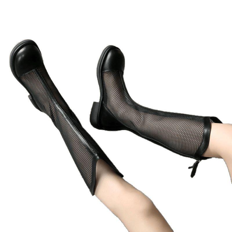 Sommer Damenstiefel 2025 neue Netzstiefel hohle coole Stiefel Meshgarn vielseitig atmungsaktiv dünne lange Stiefel dicker Absatz hohe Stiefel