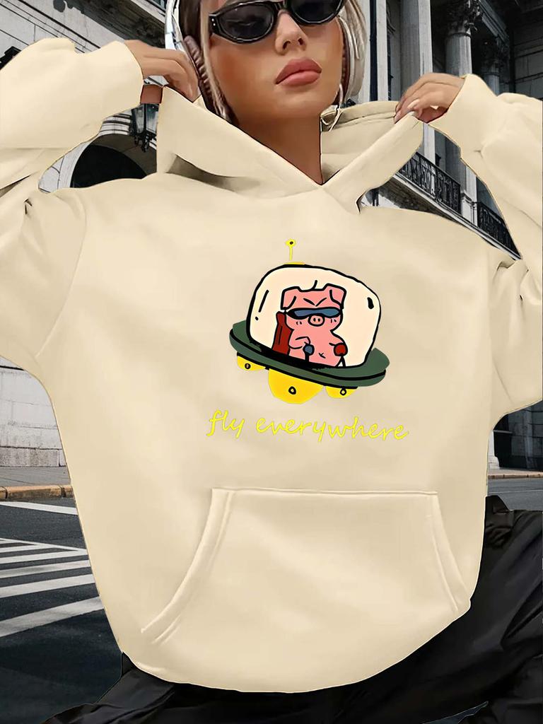 Women's Hoodie Spaceship Pig Cartoon Print 2025 Autumn/winter Hoodie Long Sleeved Women's Top Sweatshirt Casual Clothing