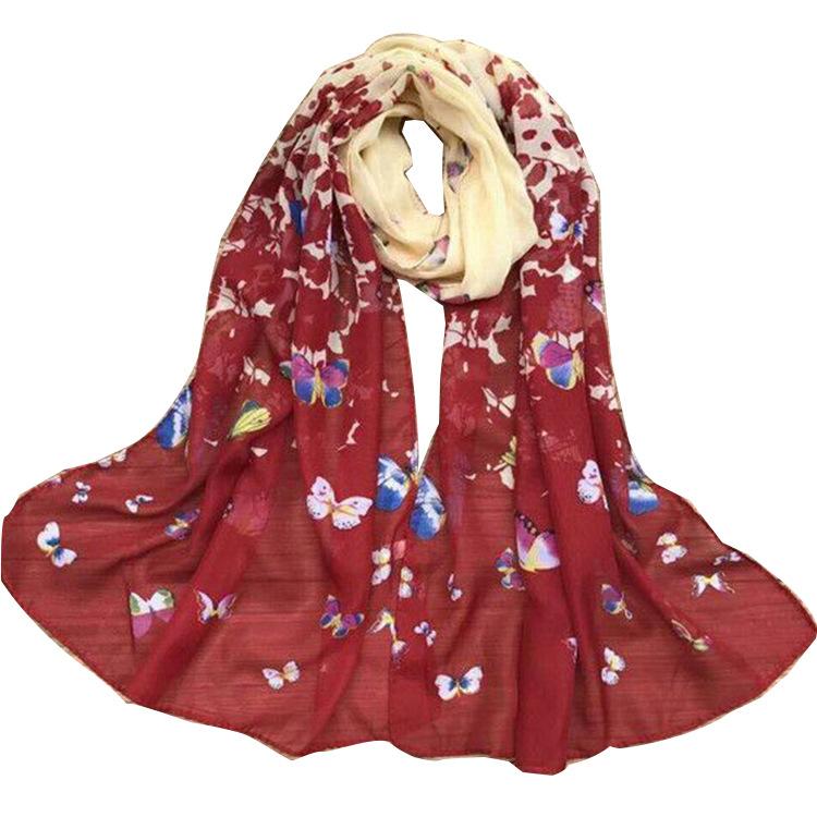 Spring and Summer Women's Chiffon Printed Scarf Sun Protection Thin Silk Scarf Shawl Beach Butterfly Scarf