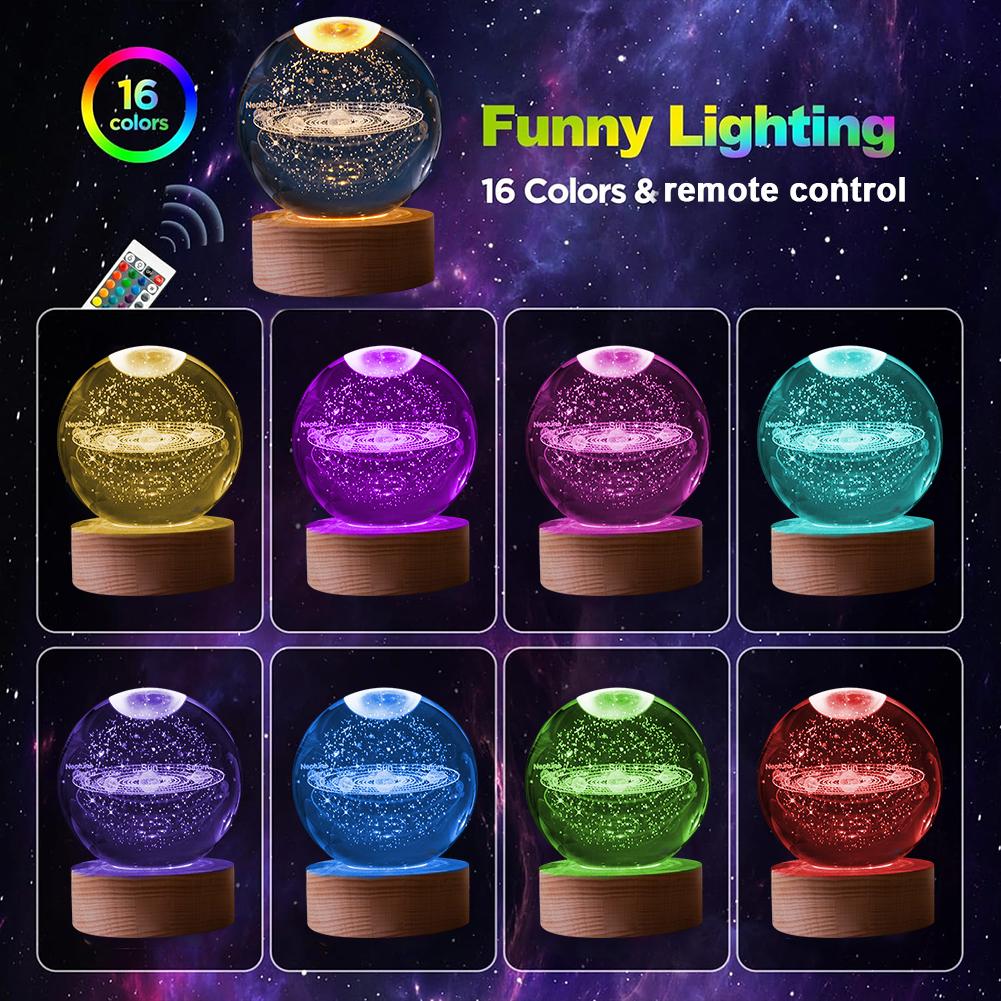 LED Crystal Table Lamp 3D Moon Galaxy Globe Night Light 16 Color Changing Wooden Base Ideal Birthday Gift for Teens Boys & Girls