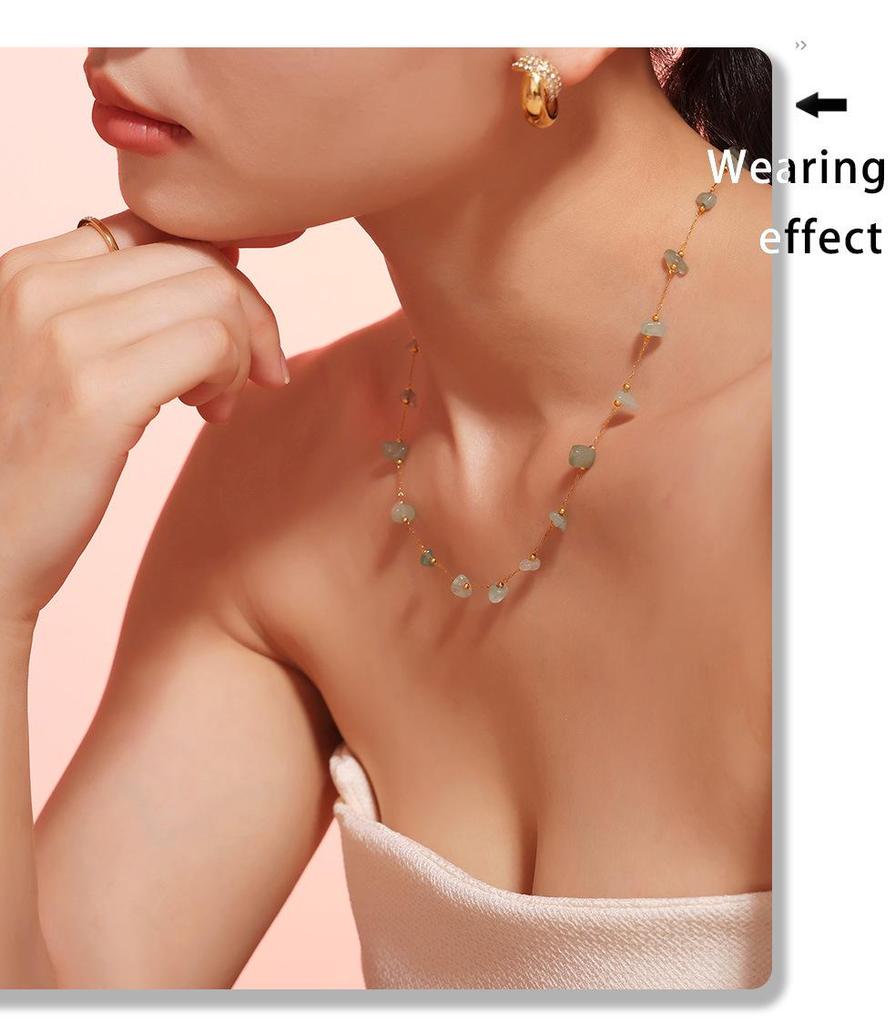 Natural Green Stone & Stainless Steel Collarbone Necklace and Bracelet Set
