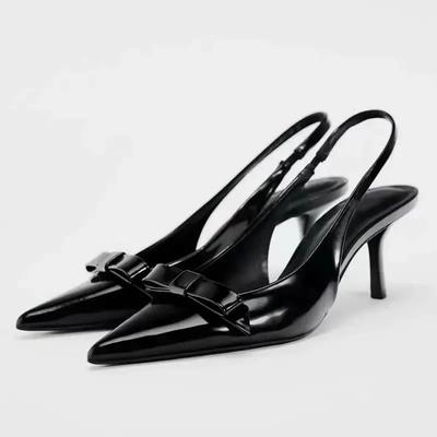 Modern Office Shoes for Women Black Wedding Slingback Pointed Toe Butterfly Decoration Female High Heeled Sandals