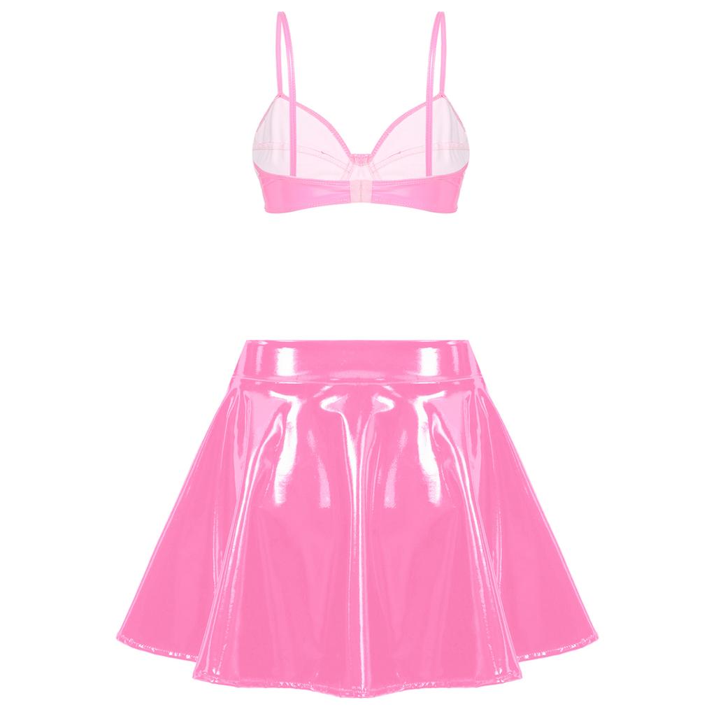 Womens Wet Look Patent Leather Set Wire-free Bra Top with Zipper Flared Skirt for Lingerie Night Club