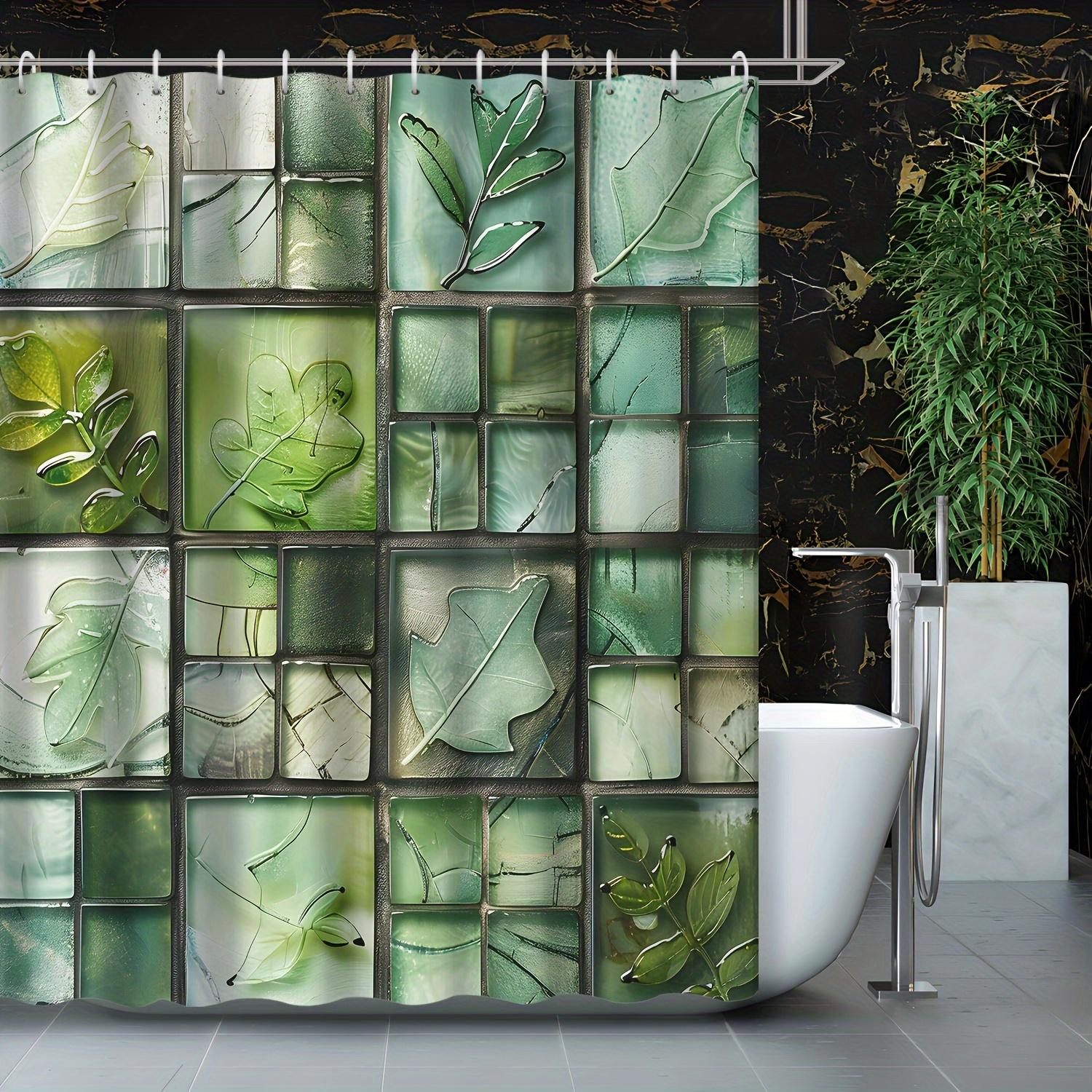 

1pc Three-dimensional Square Tile Decorative Abstract Geometric Stripe Leaf Shower Curtain, Includes 12 Hooks, Bathroom 90x180cm35x71in