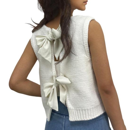 

Женский трикотажный жилет с круглым вырезом без рукавов с укороченным топом и бантом сзади, декоративный полый