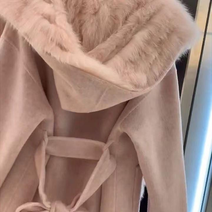 Pink Hooded Coat Women's Autumn Winter Woolen Coat Fur Coat Fragrant Wind High end Lightweight Short Neck
