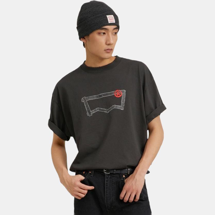 Levis Logo Print Loose Fit Crew Neck Short Sleeve T-Shirt Men Tops Black 001B0-0000