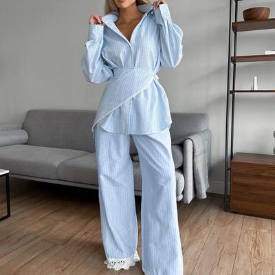 Light Blue Striped Shirt and Wide Leg Pants 2 Piece Set with Lace Trim