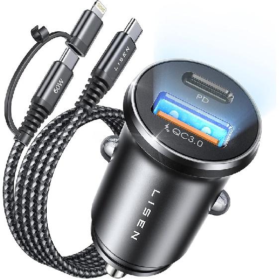 LISEN Car Charger USB C 54W [60W USBC-C Cable] Cigarette lighter USB Charger Adapter PD36W Car Phone Charger Fast Charging Suitable for Samsung