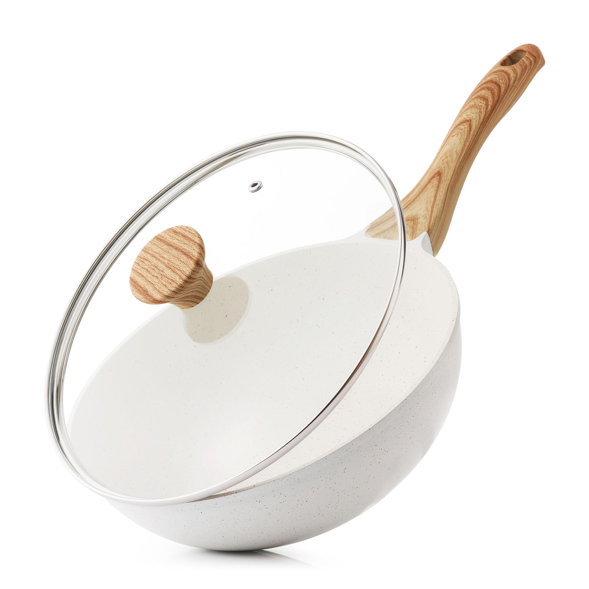 

SENSARTE 26cm Stir-Frying Pan, Marble-Coated Wok with Lid, Induction/Gas Compatible, Non-Stick, Easy to Clean, High Heat Efficiency, Deep Frying Pan,