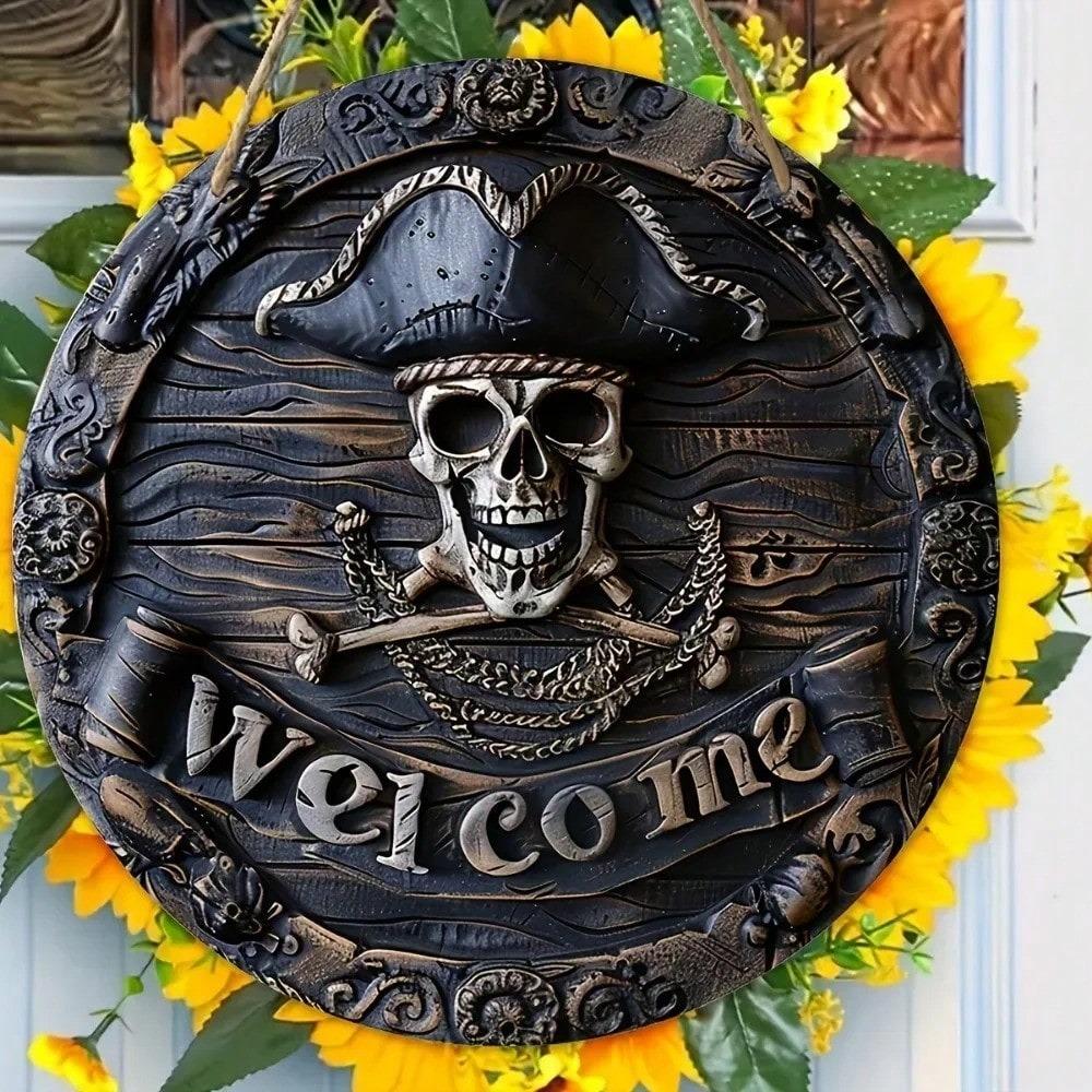Metal Wall Art Pirate Skull Welcome Sign Home Decor Halloween Gift