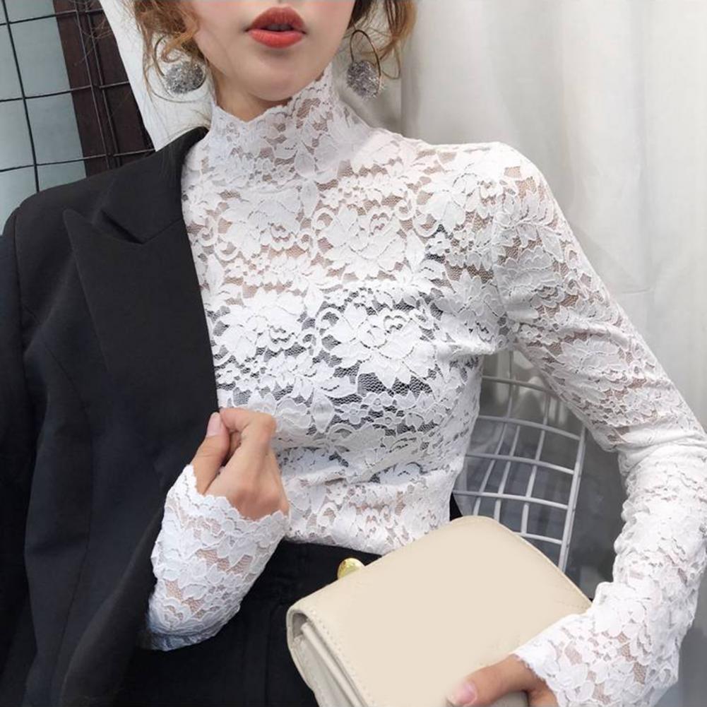 Autumn Spring Sexy Women Long Sleeve Lace Blouses High Collar Inner Wear Lace Crochet Shirt Base Tunic Top Perspective Vintage Bottom Blouse