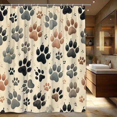 1pc Cartoon Paw Print Polyester Shower Curtain, Woven Fabric with 12 Hooks, Machine Washable, Fashion Animal-Themed Design