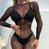 Women Leopard Fishnet Bodystocking Long Sleeve Bodysuit Sexy Hollow Out Mesh Tights Nightwear Erotic Lingerie Jumpsuit