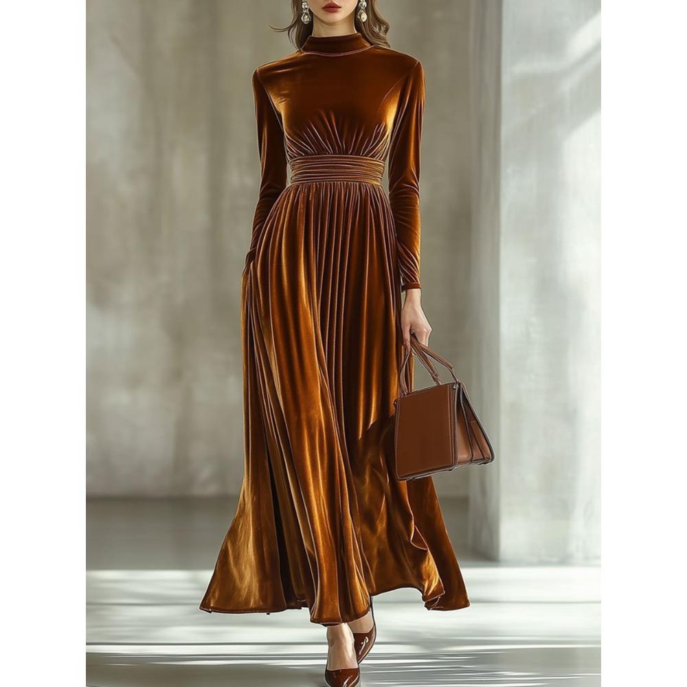 Women s Mock Neck Long Sleeve Slim Fit Elastic Waist Ruched Velvet Maxi Dress Solid Color Elegant Formal Party Evening Long Dress S