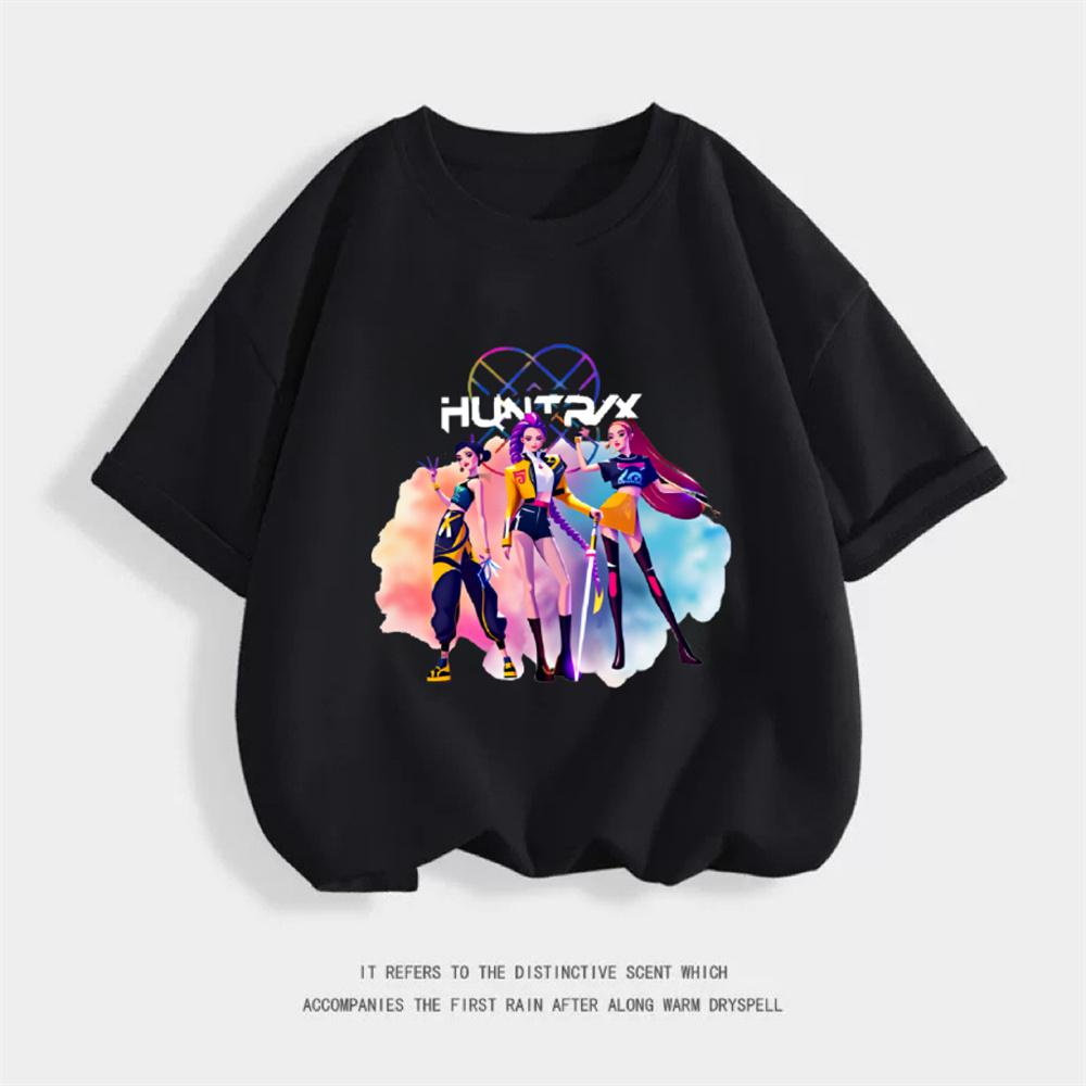 Girls Short Sleeve Cartoon Fashion Summer Wear 2026 Trendy Clothing Kpop Demon Hunters Huntrix T-shirt Pure Cotton Tees