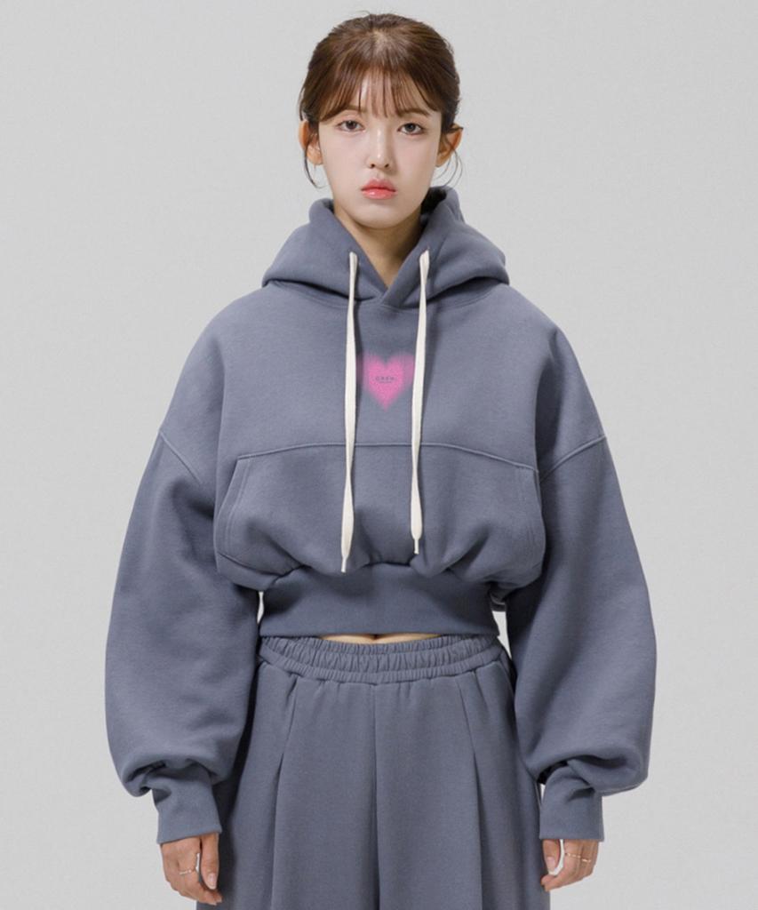 Oversized Premium Small Heart Beam Logo Crop Hoodie - Gray