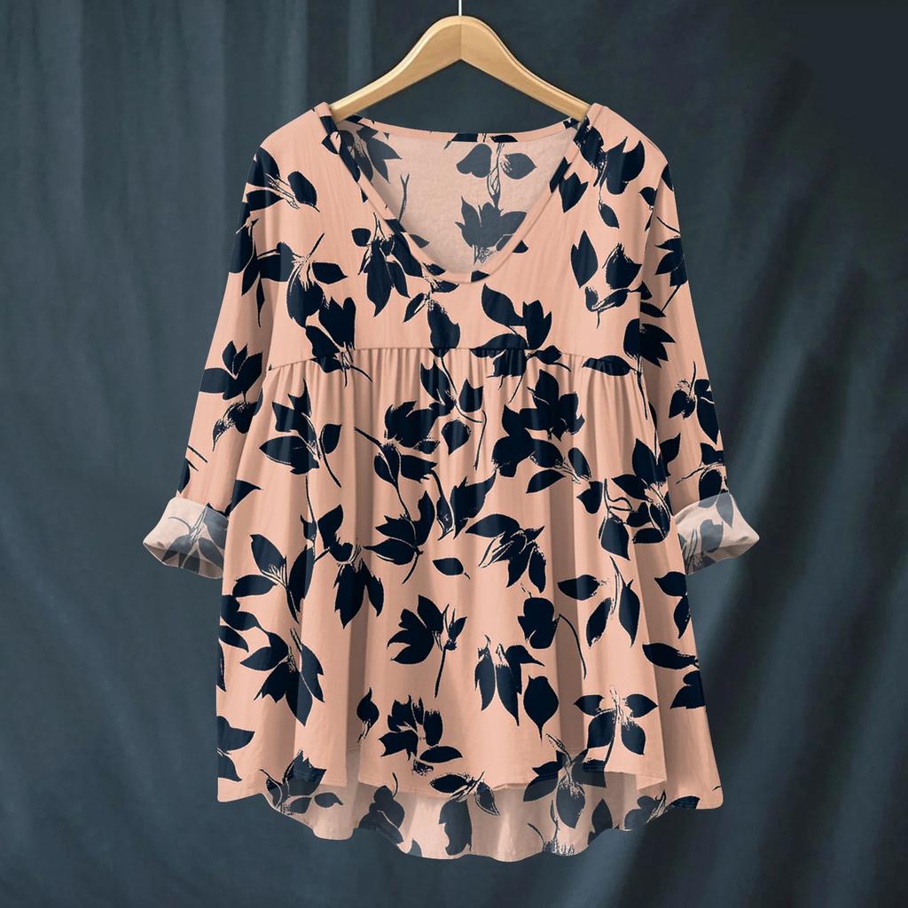 Damen Modisches Und Lässiges Hemd Langärmlig V-Ausschnitt Druck Baumwolle Und Leinen Bluse