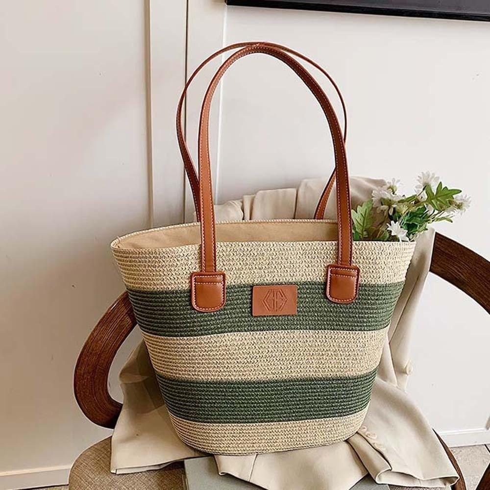 Large Capacity Shopping Straw Bag Lightweight Summer Beach Handbag Stripe Woven Tote Bag  Daily