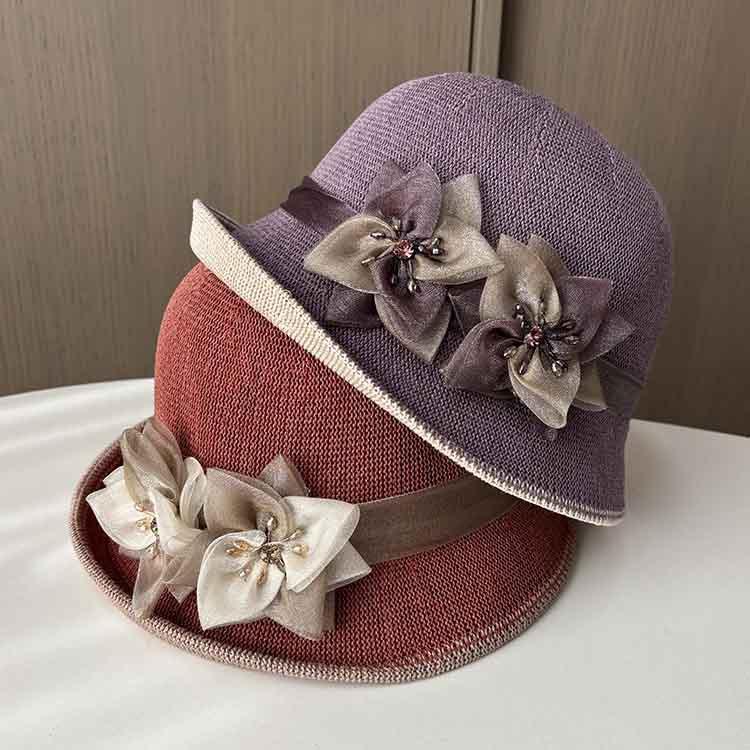 Spring and summer curled top hat, women's thin breathable small edge basin hat, fashionable flower versatile travel sun hat