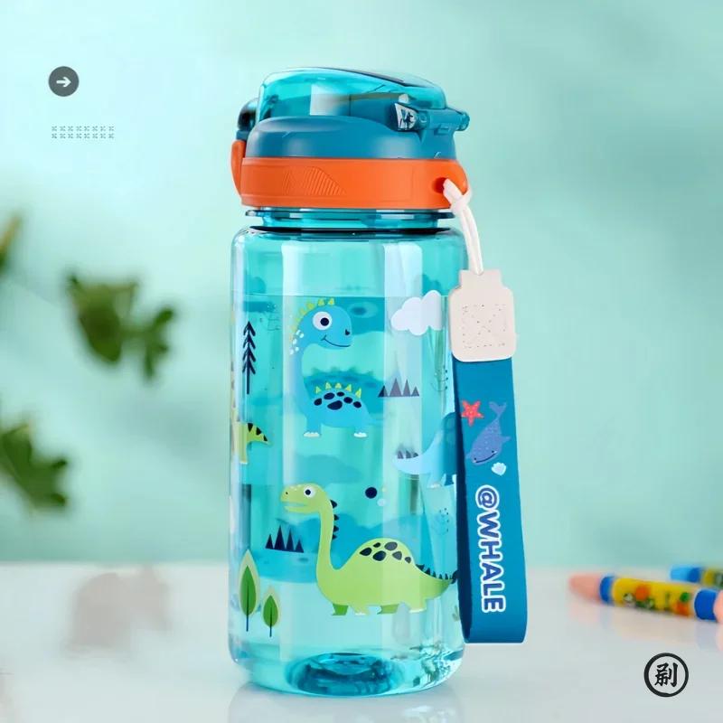 600ml Detská fľaša na vodu s dinosaurom, pohár so silikónovou slamkou, nepriepustné plastové fľaše na vodu, letný detský pohár na vodu
