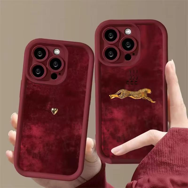 Wine Red Suede Gold Heart Leopard Silicone Phone Case For iPhone 17 16 15 14 13 12 11 Pro Max 17 Air 16E XS X XR 7 8 Plus Cover