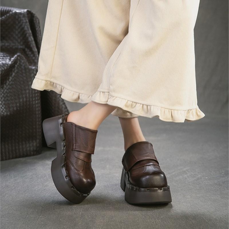 Johnature Retro Genuine Leather Outdoor Slippers Thick Heel Comfortable Slip-on Women's Platform Shoes