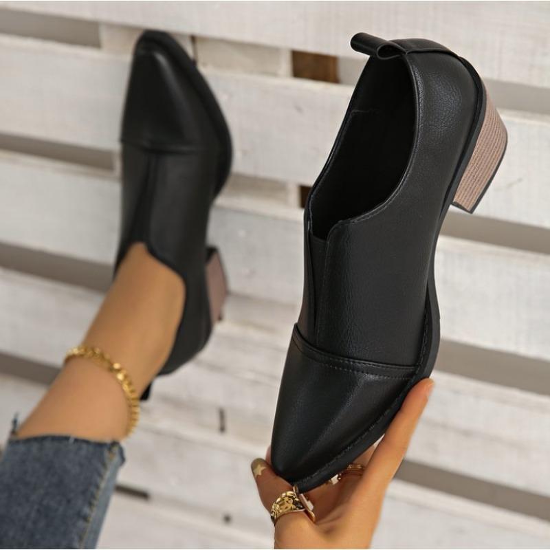 Women's British Style Pointed Toe Shoes with Thick Heels Soft Leather Deep Mouth Low Heel Elastic Band Soft Shoes