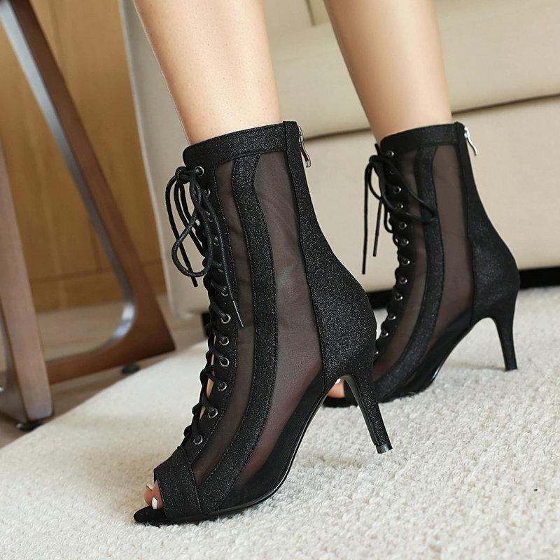 Fish mouth sandals sequined cloth stiletto ultra high heel jazz dance high heels JZZ dance shoes mesh heels booties