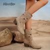Fashion 2025 Women's Summer Boots Retro Cowboy Chic Block Stars Hollow Breathable Cowgirl Mid-calf Boots Music Festival Footwear Shoes