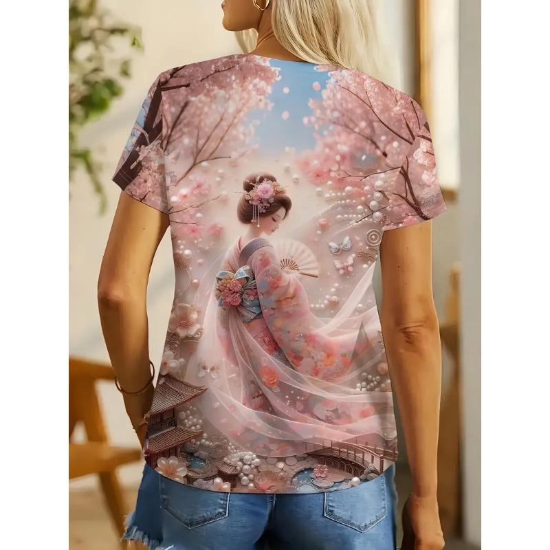 Japanese Style Cherry Blossom Girl Printed T-shirt Tees O Neck Loose Short Sleeve Blouse Female Fashion Animal Graphic Tops Harajuku Streetwear