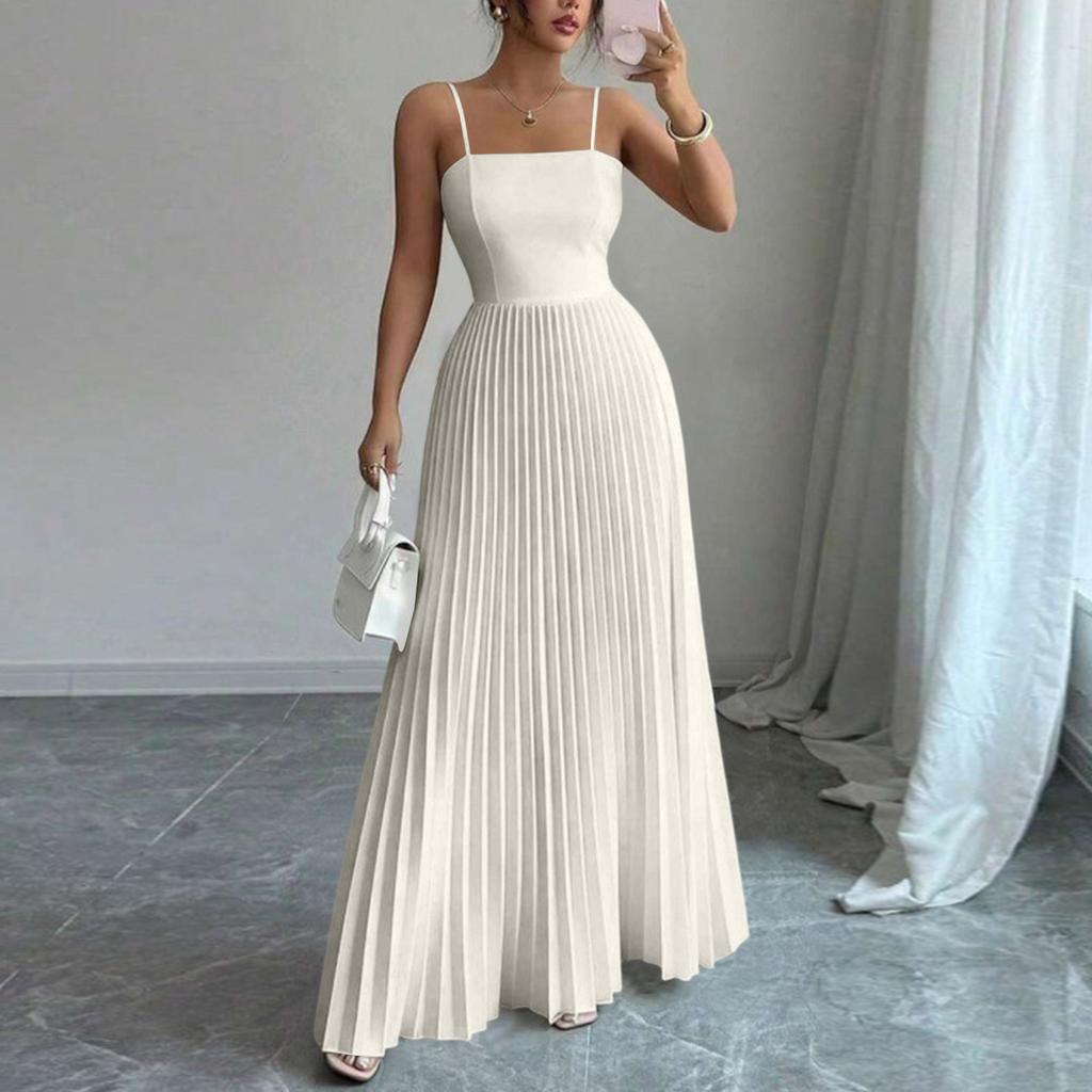 Vestido largo de color plisado con cintura ajustada y tirantes finos para mujer para salir por la noche