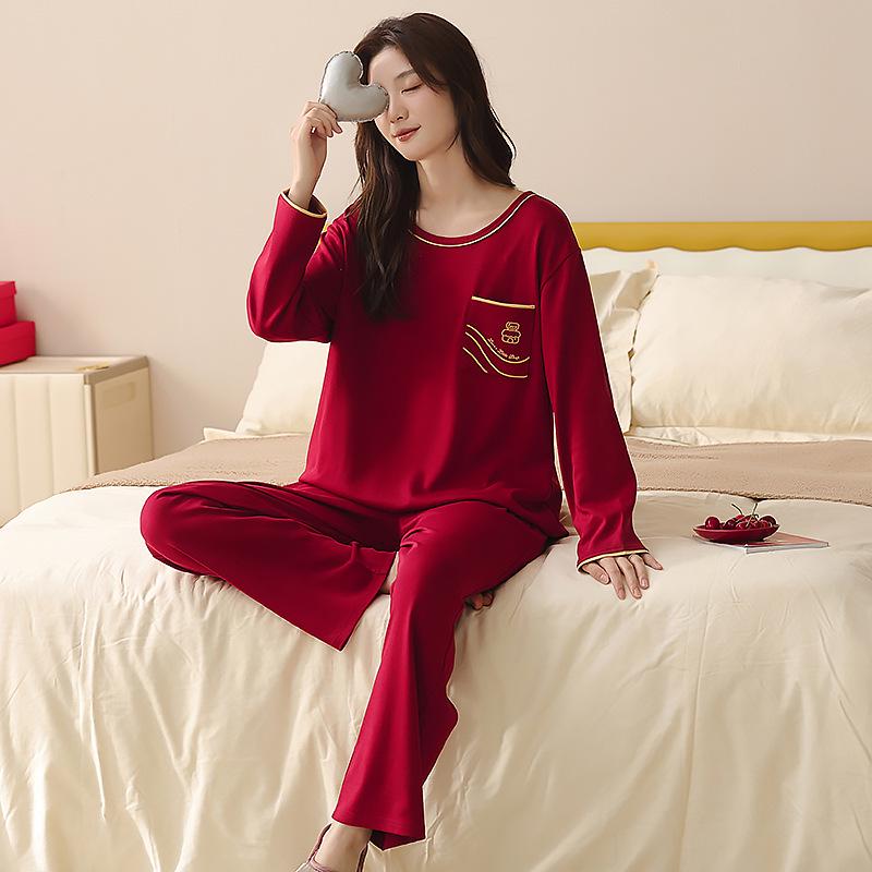 Red Cotton Couple Pajamas - Sweet, Cute, Loose, Long Sleeve Set for Spring/Autumn Newlyweds