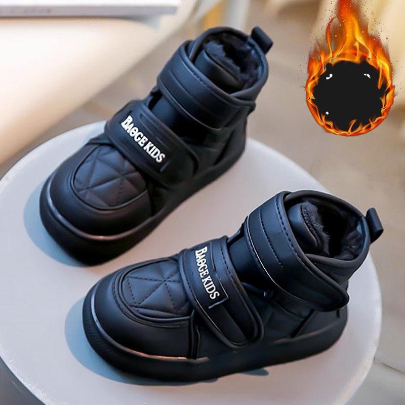 Winter Children's Plush Boot for Boys Girls Leather Plush Warm Snow Boots Drawstring Soft Soled Children Cotton Shoes