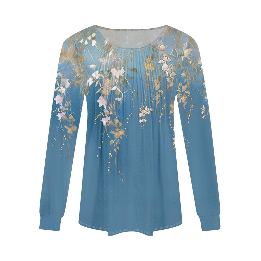 Damenmode Lässig Plissiert Rundhals Vintage Blumendruck Langarm T-Shirt Top