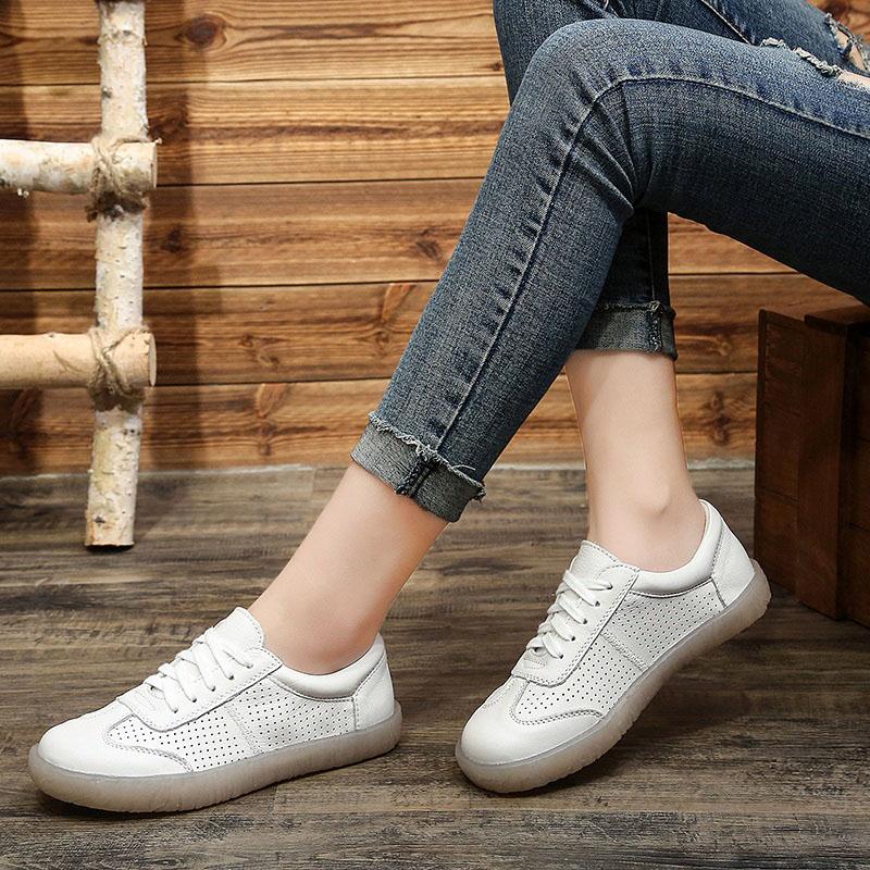 Fashion Handmade Shoes Women Flats Genuine Leather Flat Shoes Summer Breathable Hole Lace Up Pregnant Women Casual Shoes Size 41