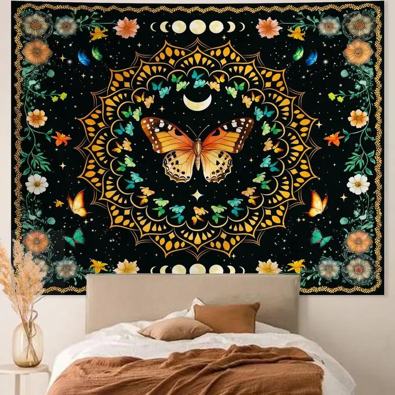 Butterfly Moon Tapestry, Boho Floral Celestial Print Wall Hanging for Bedroom, Living Room, Dorm & Mystical Home Decor 100X70CM