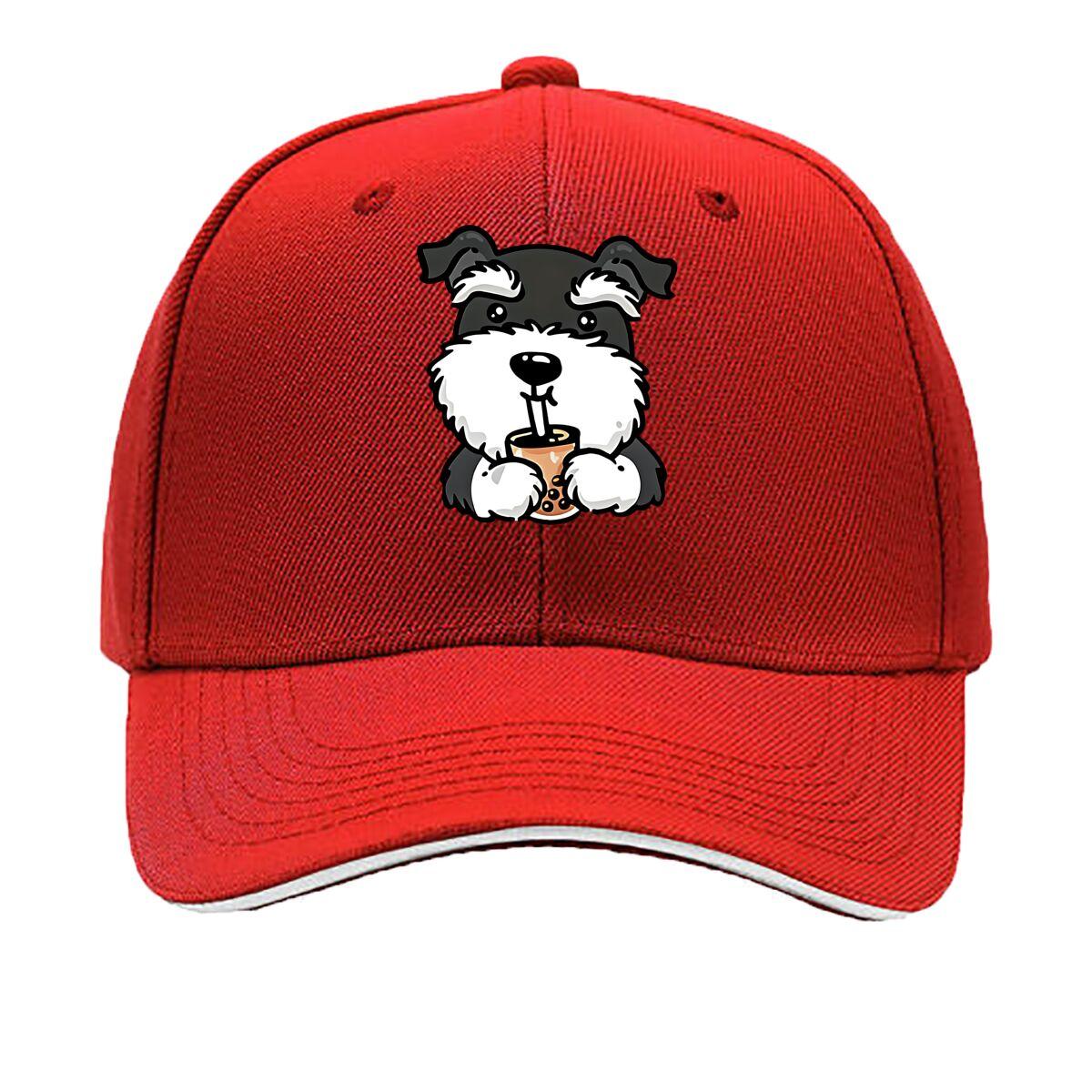 Cute Schnauzer with Boba Tea Print Adjustable Womens Baseball Cap Hand Wash Only NonElasti Sandwich Baseball Cap One Size